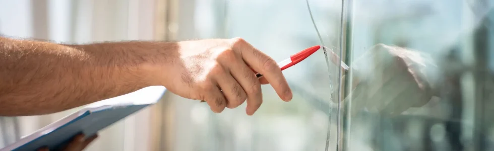 Vitre cassée par choc thermique, stress thermique du verre, fissures partant d’un point de contrainte.